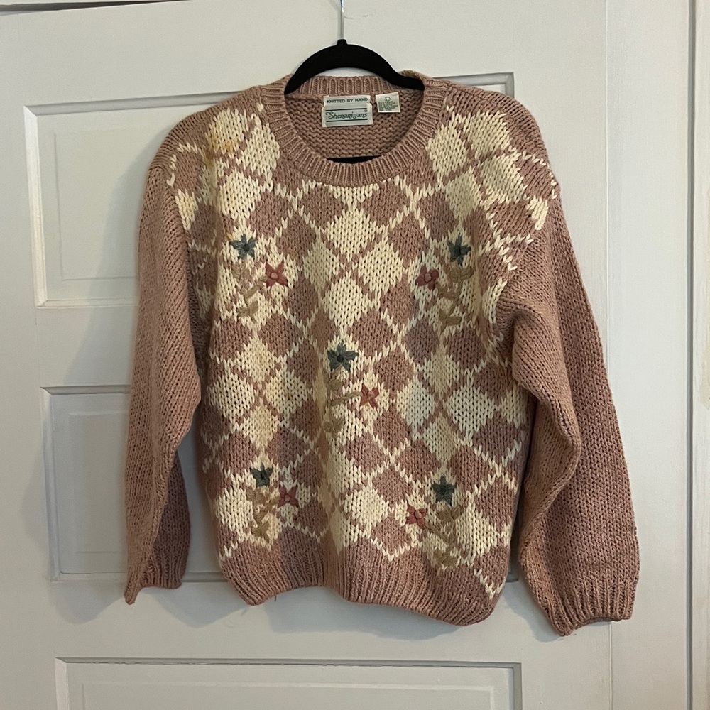 Vintage 90’s Hand Knit Argyle Sweater - Pink and Cream